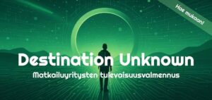Vihreä taustakuva, jossa ihminen ja teksti Destination Unknown
