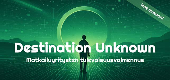 Vihreä taustakuva, jossa ihminen ja teksti Destination Unknown
